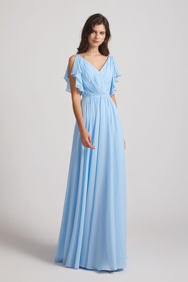 Crinkle Chiffon Bridesmaid Dresses with Open Flutter Sleeves