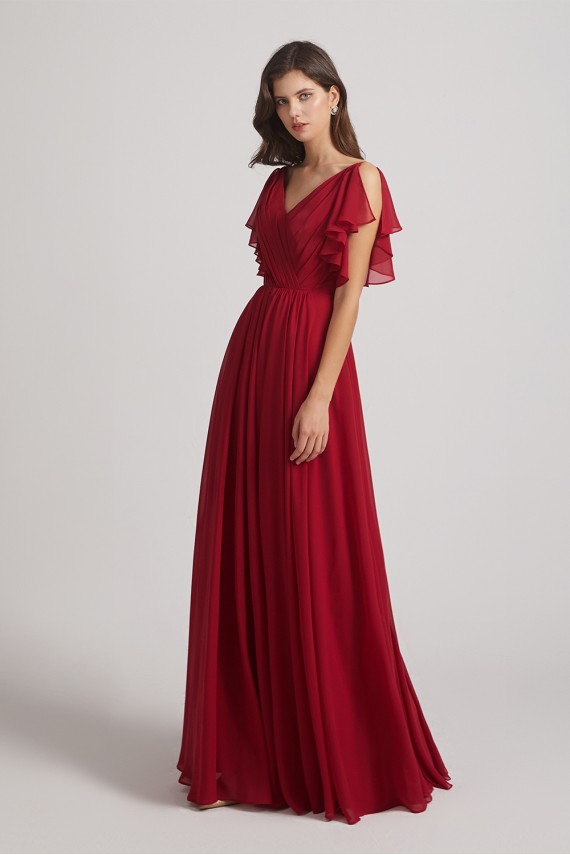 V-Neck Pleated Chiffon Bridesmaid Dresses with Open Flutter Sleeves