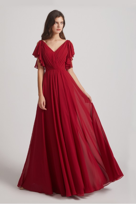 V-Neck Pleated Chiffon Bridesmaid Dresses with Open Flutter Sleeves