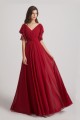 V-Neck Pleated Chiffon Bridesmaid Dresses with Open Flutter Sleeves