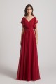 V-Neck Pleated Chiffon Bridesmaid Dresses with Open Flutter Sleeves