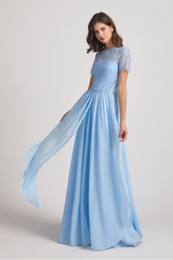 Jewel Short Sleeves Chiffon Lace Bridesmaid Dresses