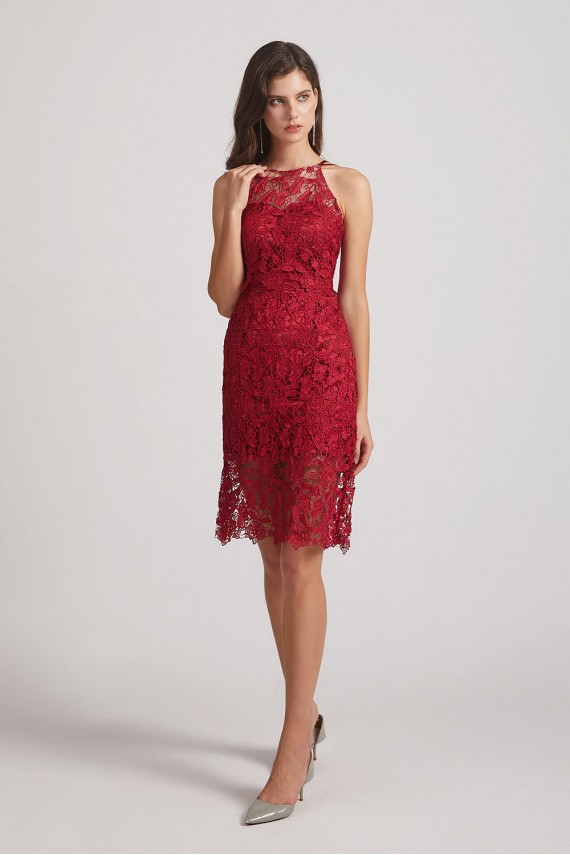 Jewel Sleeveless Sheath Short Lace Bridesmaid Dresses