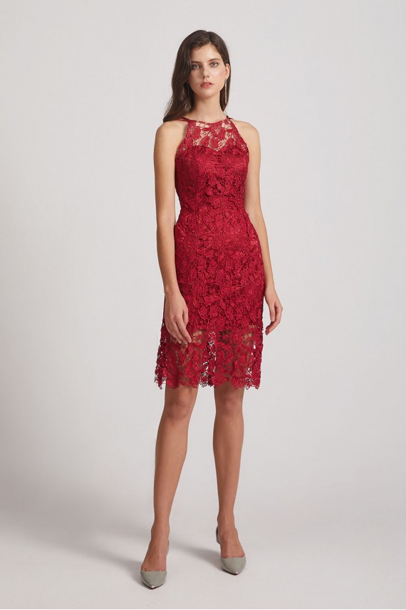 Jewel Sleeveless Sheath Short Lace Bridesmaid Dresses