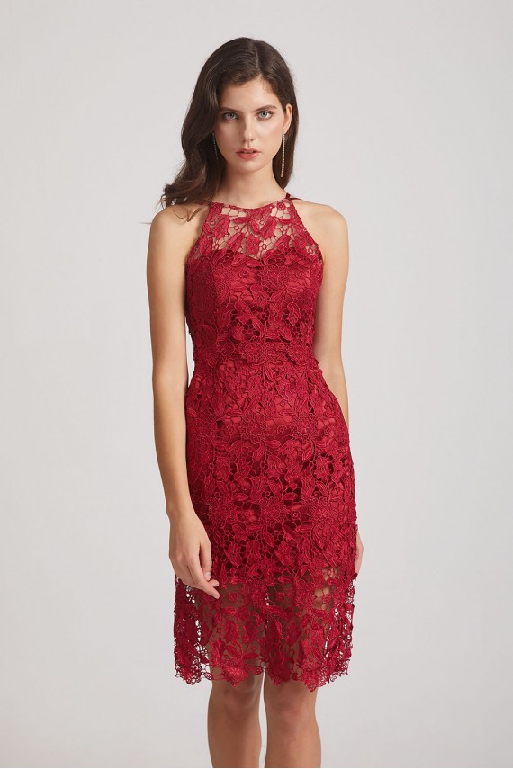 Jewel Sleeveless Sheath Short Lace Bridesmaid Dresses