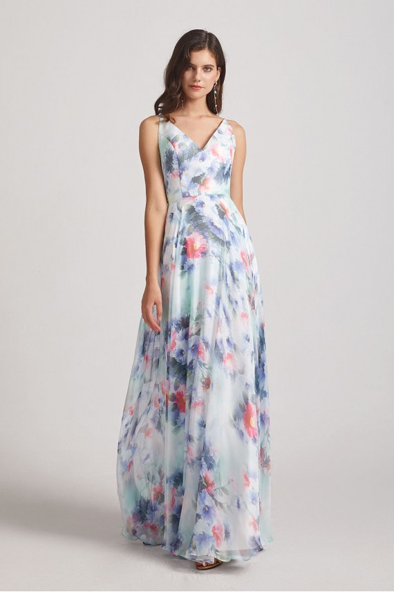 Blue Flower Print Bridesmaid Dresses