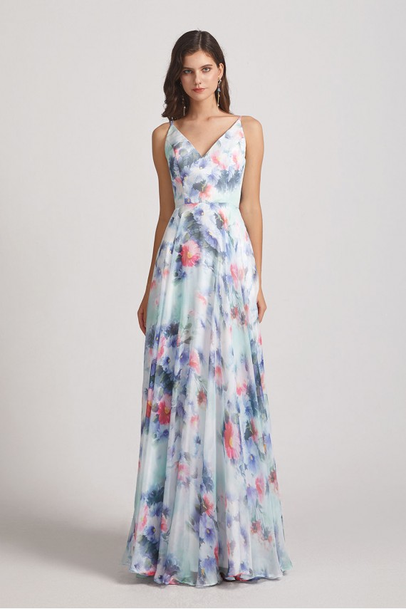 Blue Flower Print Bridesmaid Dresses