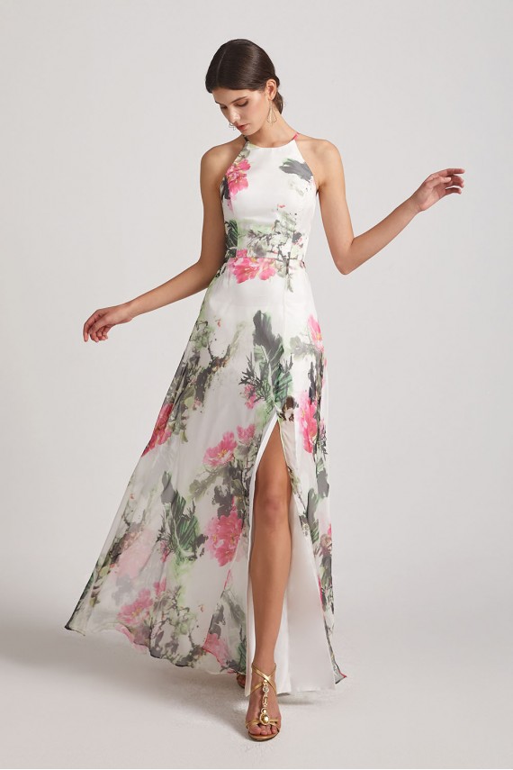 Floral Print Halter Bridesmaid Dresses Ink Wash Painting