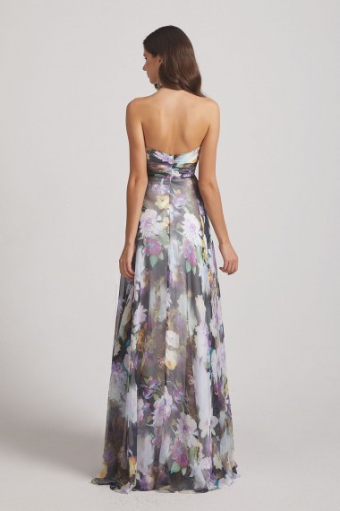 Strapless Cross-Ruched Bodice Patterned Floral Bridesmaid Dresses