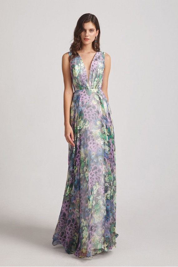 Peacock Floral-Printed Bridesmaid Dresses with Double V-Neck