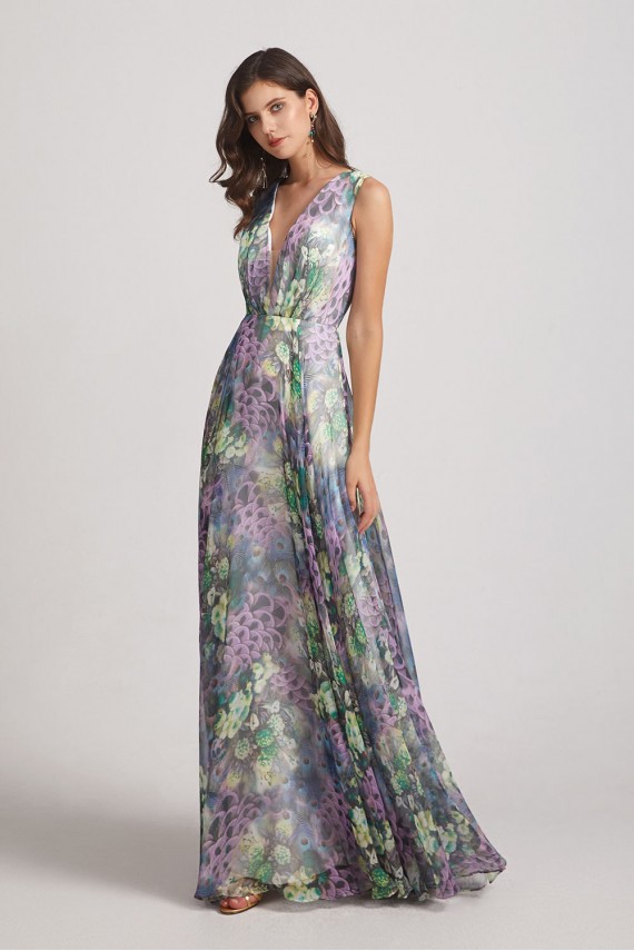 Peacock Floral-Printed Bridesmaid Dresses with Double V-Neck
