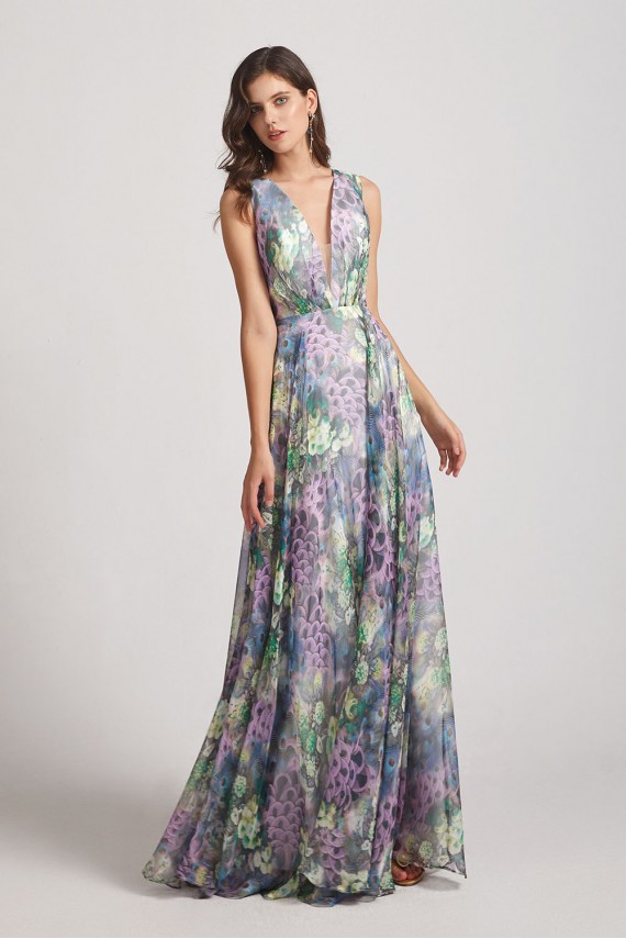 Peacock Floral-Printed Bridesmaid Dresses with Double V-Neck