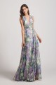 Peacock Floral-Printed Bridesmaid Dresses with Double V-Neck