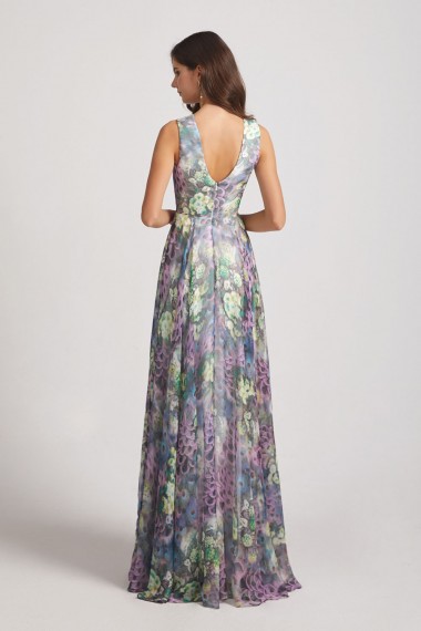 Peacock Floral-Printed Bridesmaid Dresses with Double V-Neck