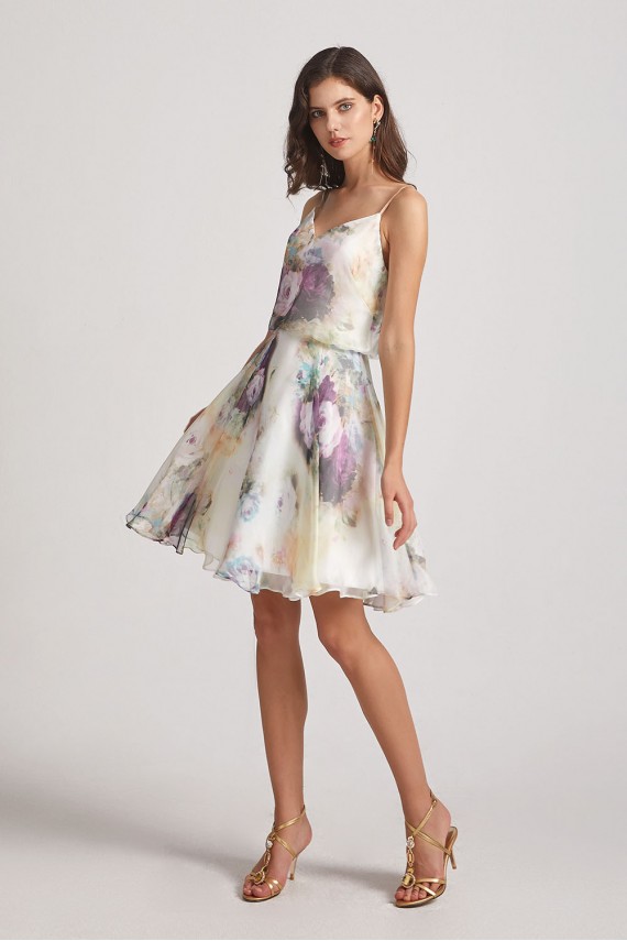 Floral-Print Slender Straps Short Bridesmaid Dresses