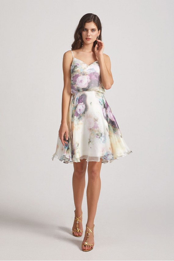 Floral-Print Slender Straps Short Bridesmaid Dresses