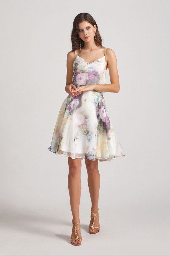 Floral-Print Slender Straps Short Bridesmaid Dresses