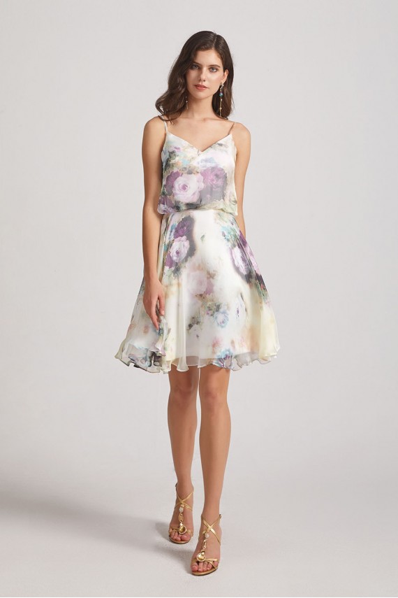 Floral-Print Slender Straps Short Bridesmaid Dresses