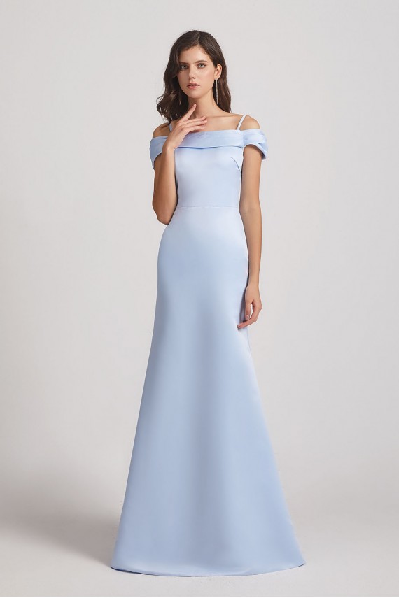 Cold Shoulder Blue Satin Long Trumpet Bridesmaid Dresses