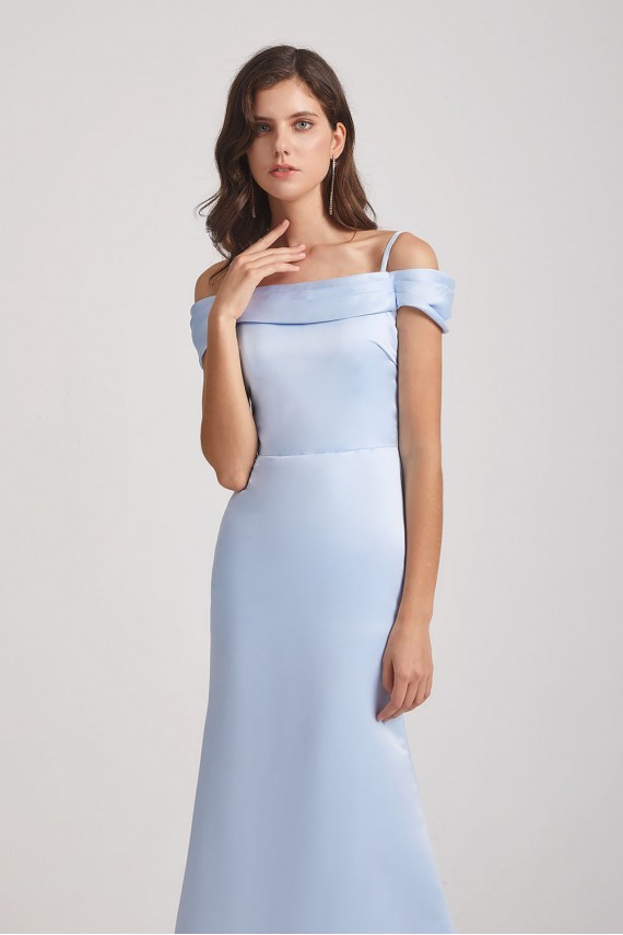 Cold Shoulder Blue Satin Long Trumpet Bridesmaid Dresses