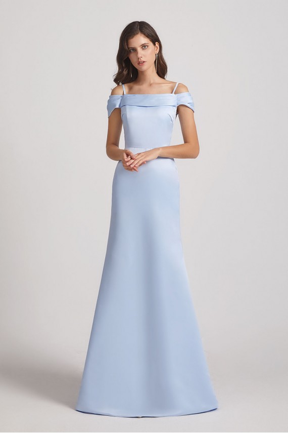 Cold Shoulder Blue Satin Long Trumpet Bridesmaid Dresses