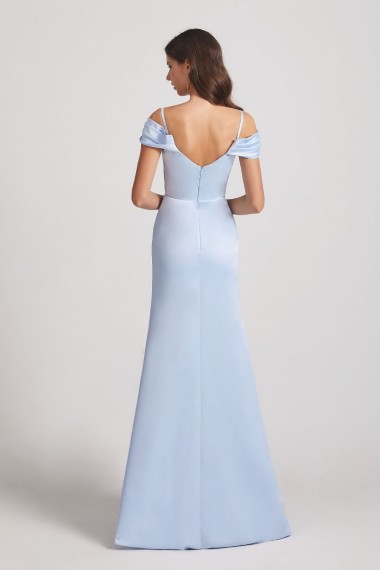 Cold Shoulder Blue Satin Long Trumpet Bridesmaid Dresses