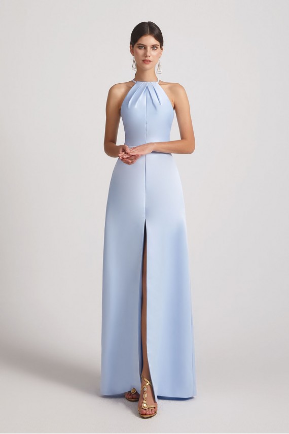 Jewel Keyhole Satin Floor Length Bridesmaid Dresses with Front Slit