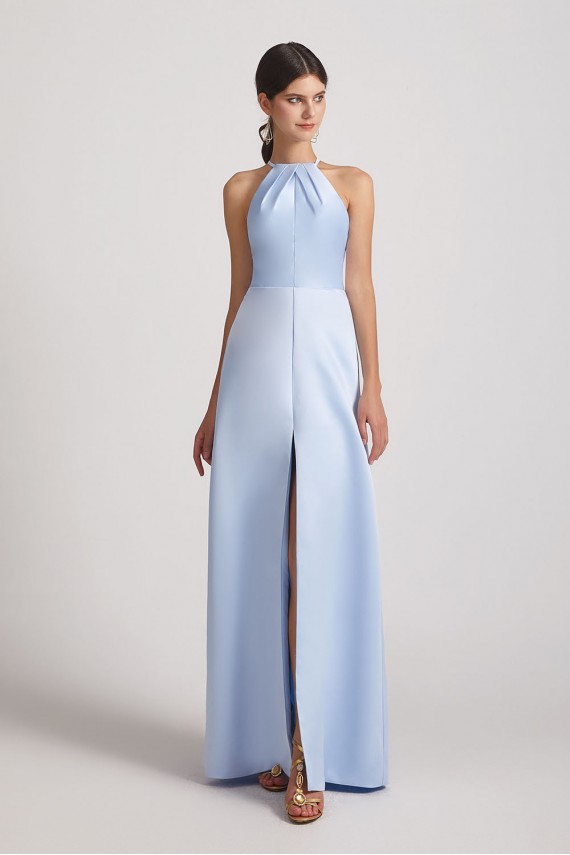 Jewel Keyhole Satin Floor Length Bridesmaid Dresses with Front Slit