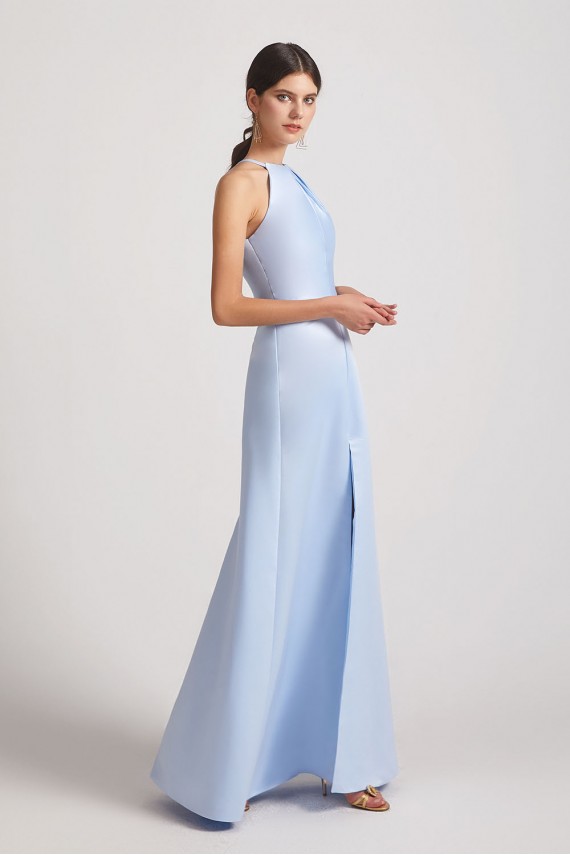 Jewel Keyhole Satin Floor Length Bridesmaid Dresses with Front Slit