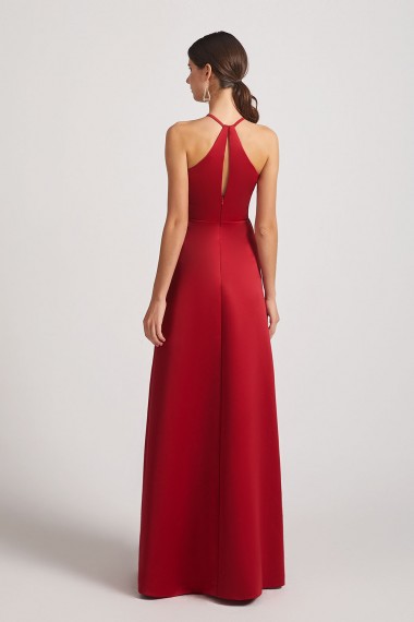 Crinkle Halter Neckline Keyhole Satin Gown with Front Slit