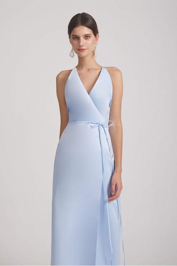 V-Neck Tie-Waist Faux Wrap Bridesmaid Dresses with Open Back