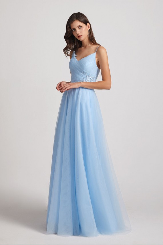 Spaghetti Straps V-Neck Pleated Long Tulle Bridesmaid Dresses