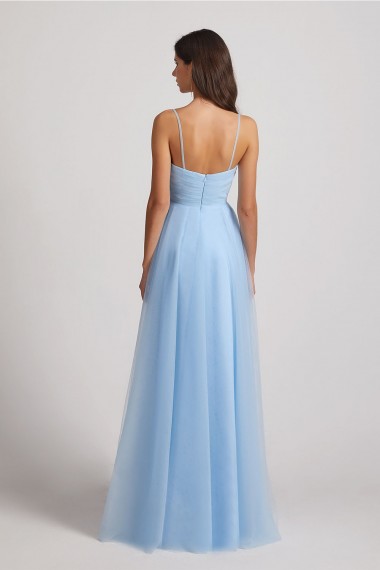 Spaghetti Straps V-Neck Pleated Long Tulle Bridesmaid Dresses