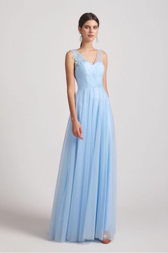 A-Line V-Neck Long Tulle Bridesmaid Dresses with Straps