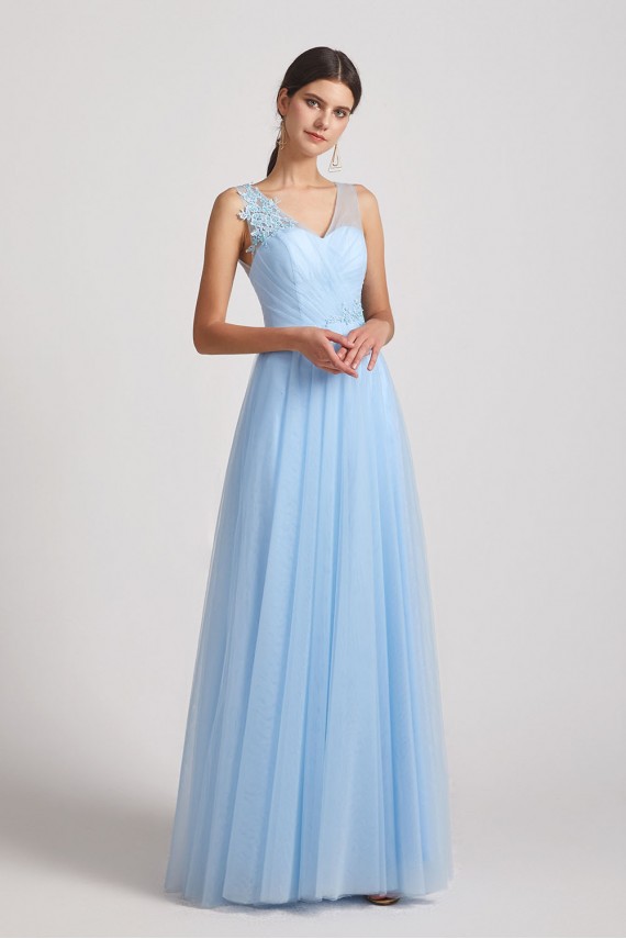 A-Line V-Neck Long Tulle Bridesmaid Dresses with Straps