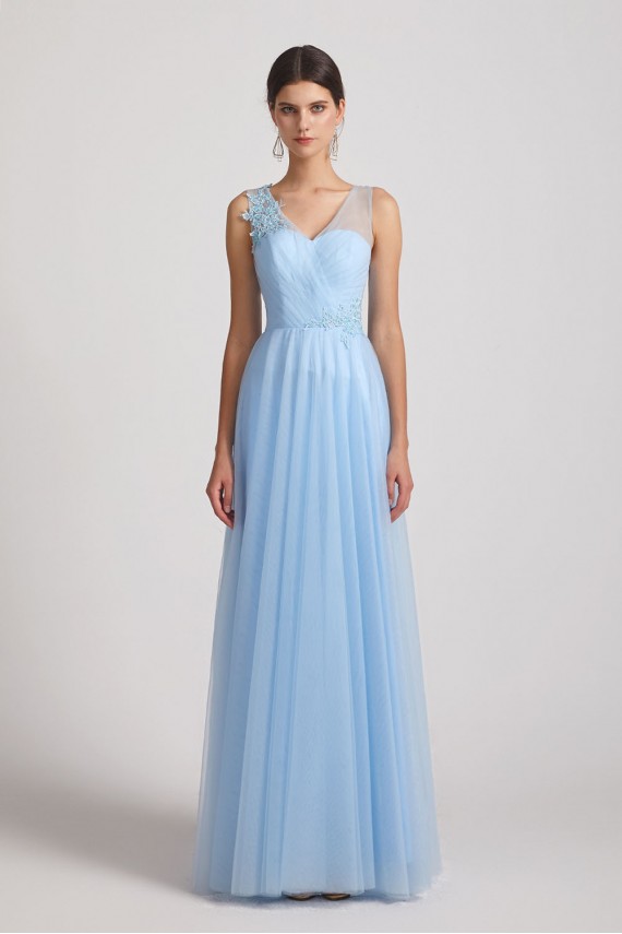 A-Line V-Neck Long Tulle Bridesmaid Dresses with Straps