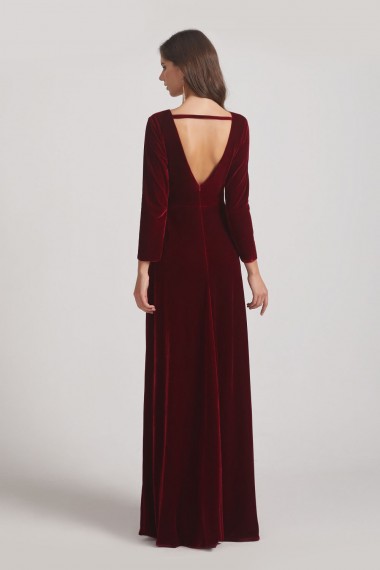 Sexy Long Sleeve Velvet Bridesmaid Dresses with Illusion Deep V-Neck