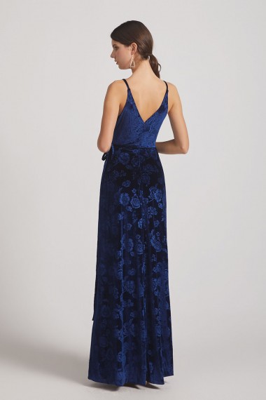 Velvet Floral Pattern Bridesmaid Dresses with V-Neck and Straps