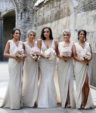 Sexy Long Chiffon Champagne Bridesmaid Dresses with High Slit and Front Ruffles