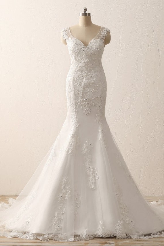 Ivory Sweetheart Straps Lace Mermaid Wedding Dresses with Sweep Train