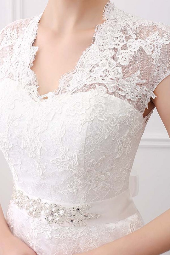 Ivory V-Neck Cap Sleeves Belt Mermaid Vintage Lace Wedding Dresses