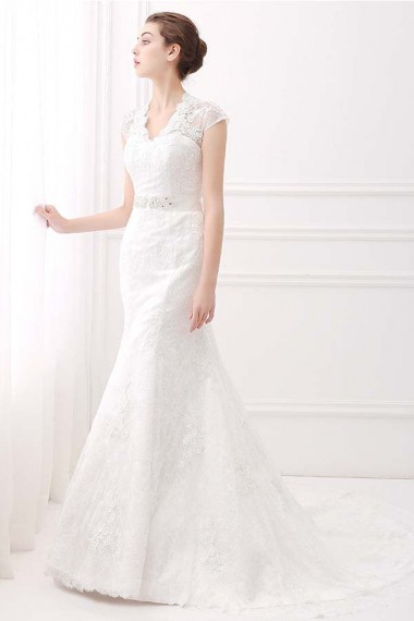 Ivory V-Neck Cap Sleeves Belt Mermaid Vintage Lace Wedding Dresses