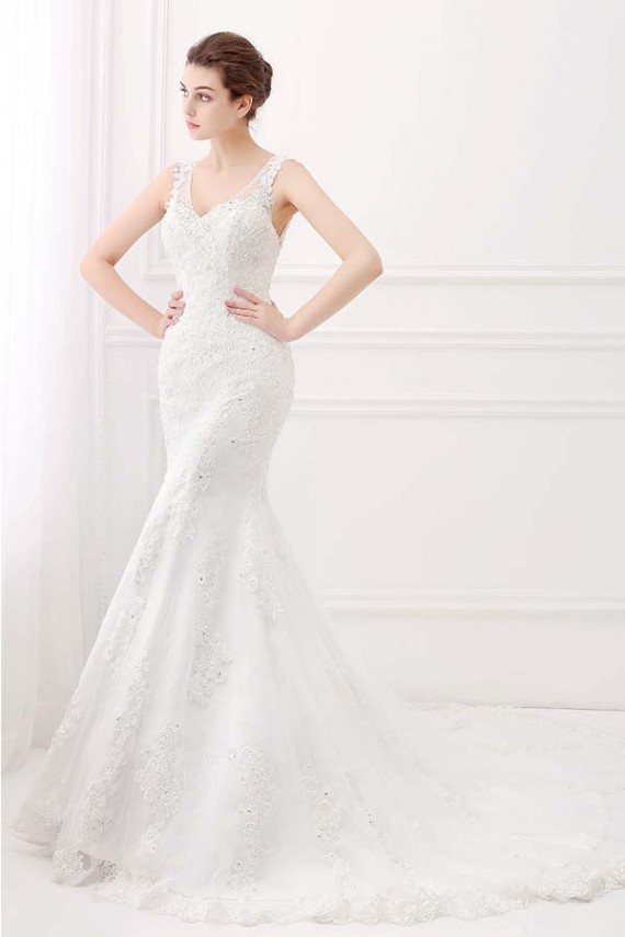 Ivory Wide Straps Mermaid V-neck Lace Wedding Dresses