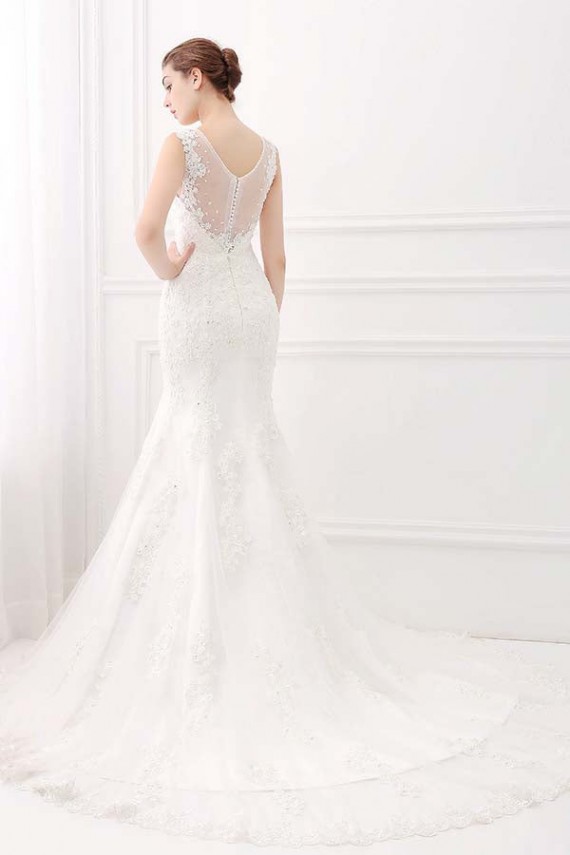 Ivory Wide Straps Mermaid V-neck Lace Wedding Dresses