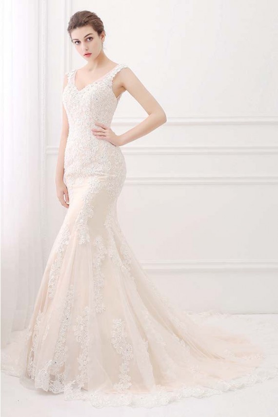 Mermaid V-neck Lace Ivory & Champagne Wedding Dresses
