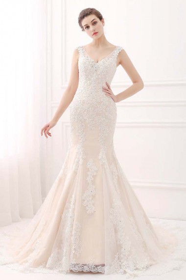 Mermaid V-neck Lace Ivory & Champagne Wedding Dresses