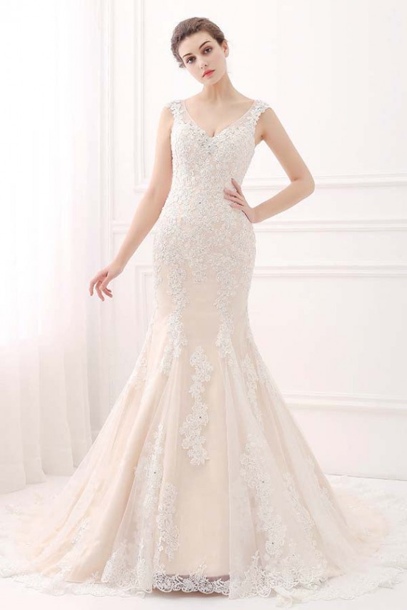 Mermaid V-neck Lace Ivory & Champagne Wedding Dresses