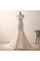 Sleeveless V-neck Mermaid Ivory Lace Over Champagne Wedding Dresses with Sweep Train