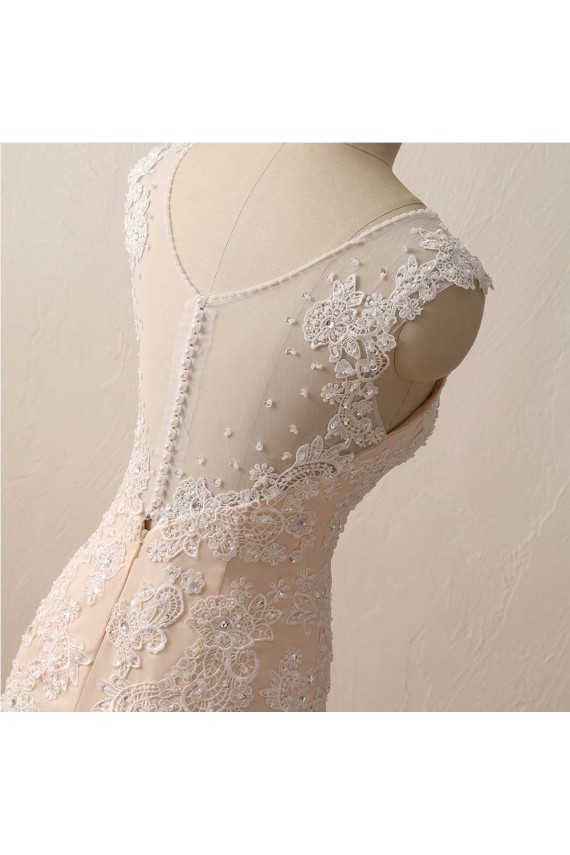 Sleeveless V-neck Mermaid Ivory Lace Over Champagne Wedding Dresses with Sweep Train