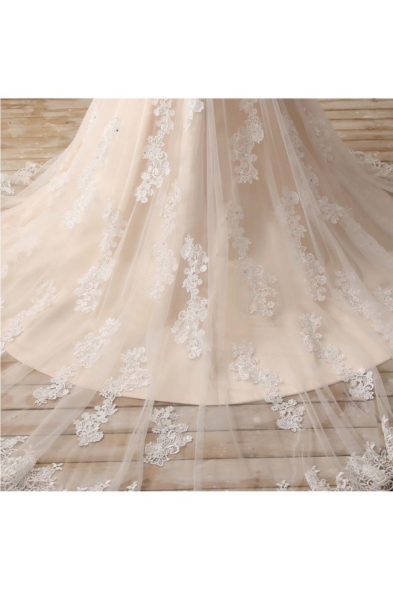 Sleeveless V-neck Mermaid Ivory Lace Over Champagne Wedding Dresses with Sweep Train